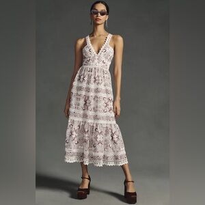 Anthropologie Tiered V-Neck Embroidered Midi Floral Dress Small Petite